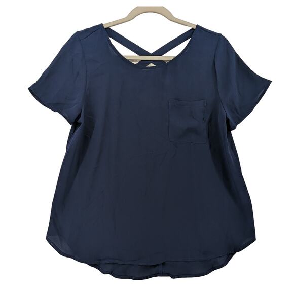 Lily White Tops - Lily White Draped Blouse Medium Navy Caged Back Chest‎ Pocket Rounded Neck Top